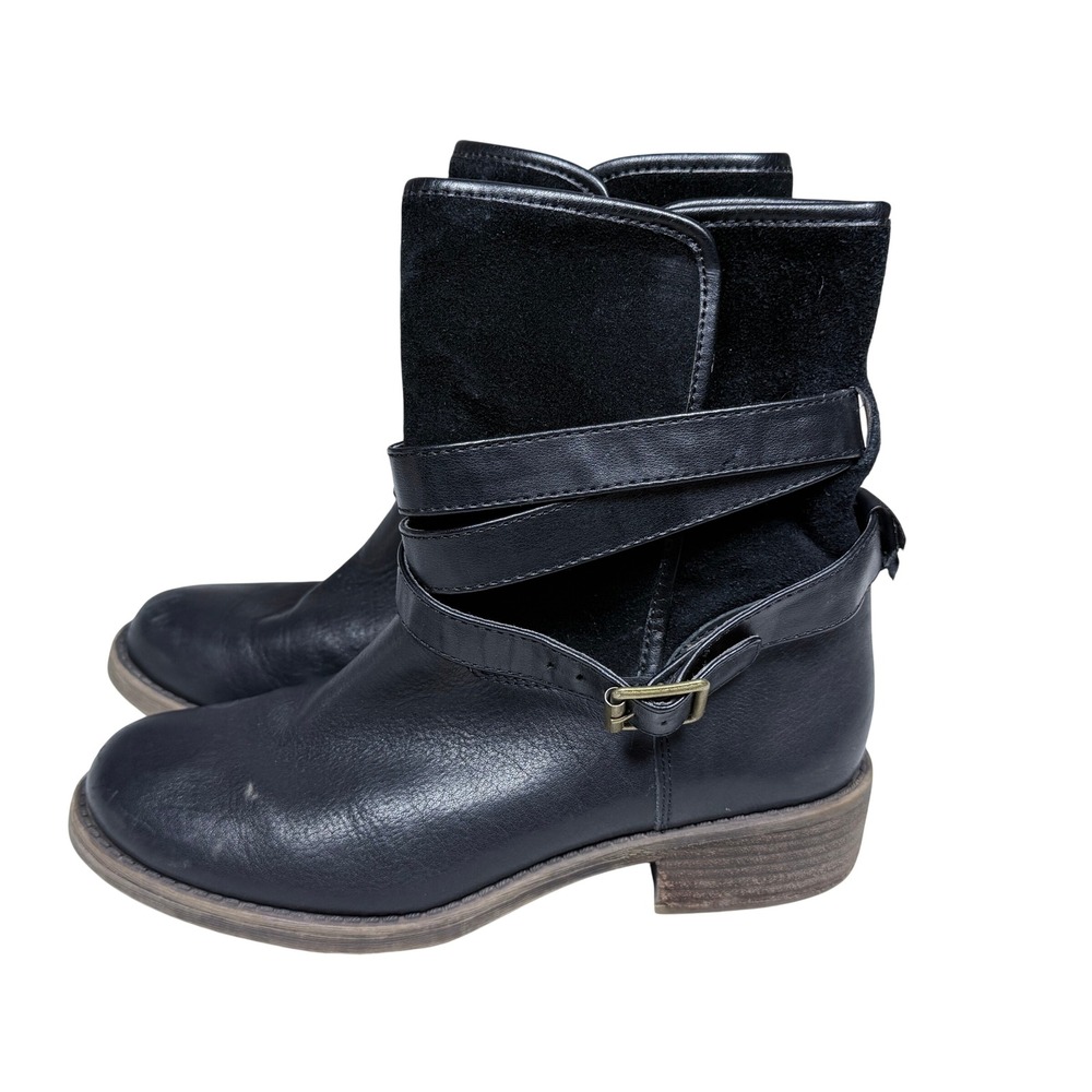Lucky Brand Womens 8.5 Black Leather Suede Moto Boots Buckle Strappy Biker